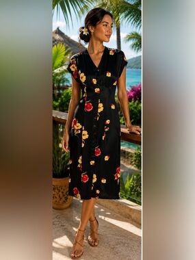 Vintage R.J. Stevens by Carol Escritor Satin Floral Y2K Midi Dress Size 10